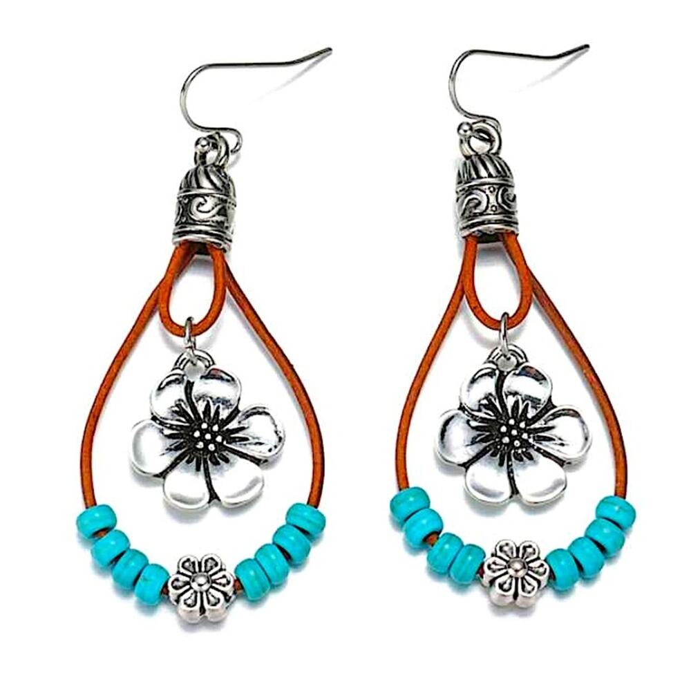 Silver Vintage Handmade Turquoise Daisy Dangle Earrings - Picture 5 of 6